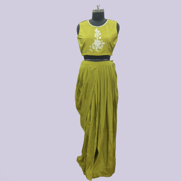 Silk Blazer with top And Dhoti Skirt Co-Ord | Olive Green