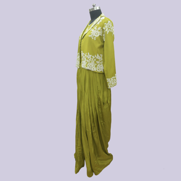 Silk Blazer with top And Dhoti Skirt Co-Ord | Olive Green