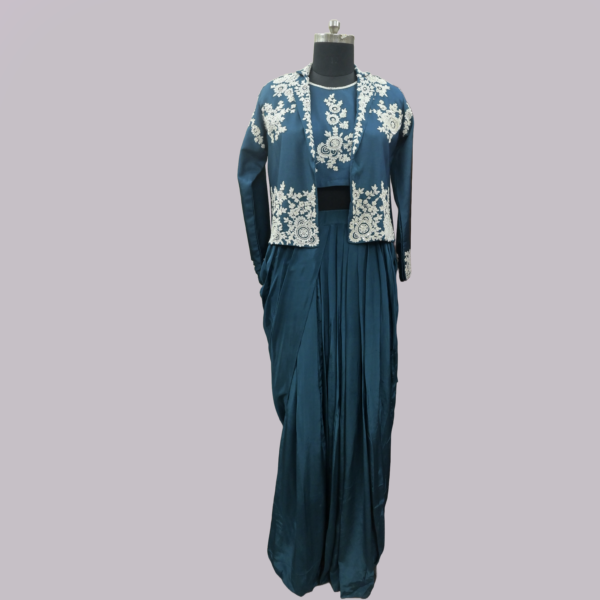 Royal Blue  Designer Jacket with Drape Skirt and Sleeveless Top Co-Ord Set | Inaya Lifestyle