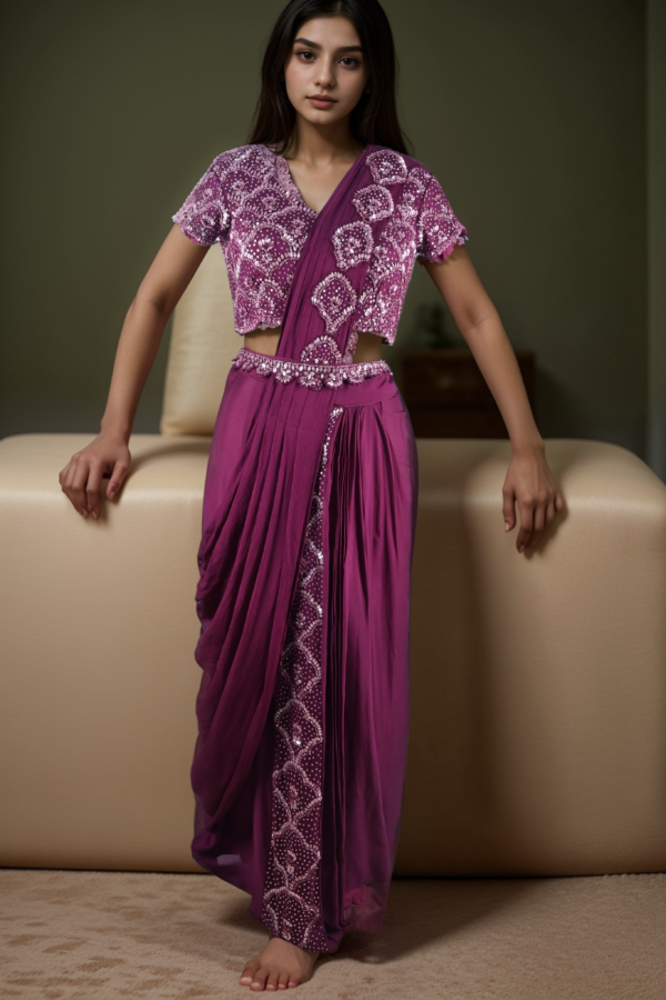 Hand Made Designer Drape skirt with crop top blouse, belt and Chunni | Luxury Purple model xy