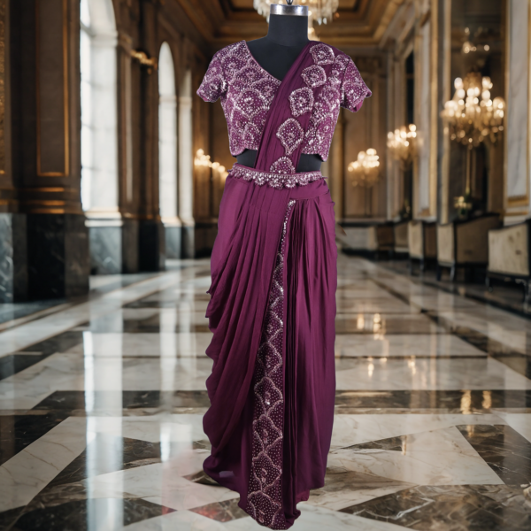 Hand Made Designer Drape skirt with crop top blouse, belt and Chunni | Luxury Purple model xz