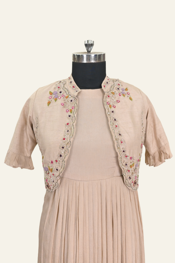 Pleated Dress with Embroidered Jacket | Nude | Inaya Lifestyle