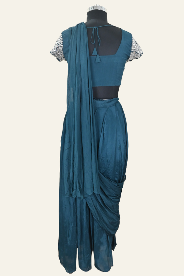 Handmade Drape Saree With Crop Blouse And belt | Royal Blue | Inaya Lifestyle | full back View