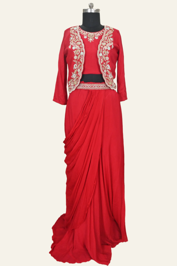 Ruby Red Toned Silk Saree With Crop Blouse And Designer Jacket | Inaya Lifestyle | Jacket close