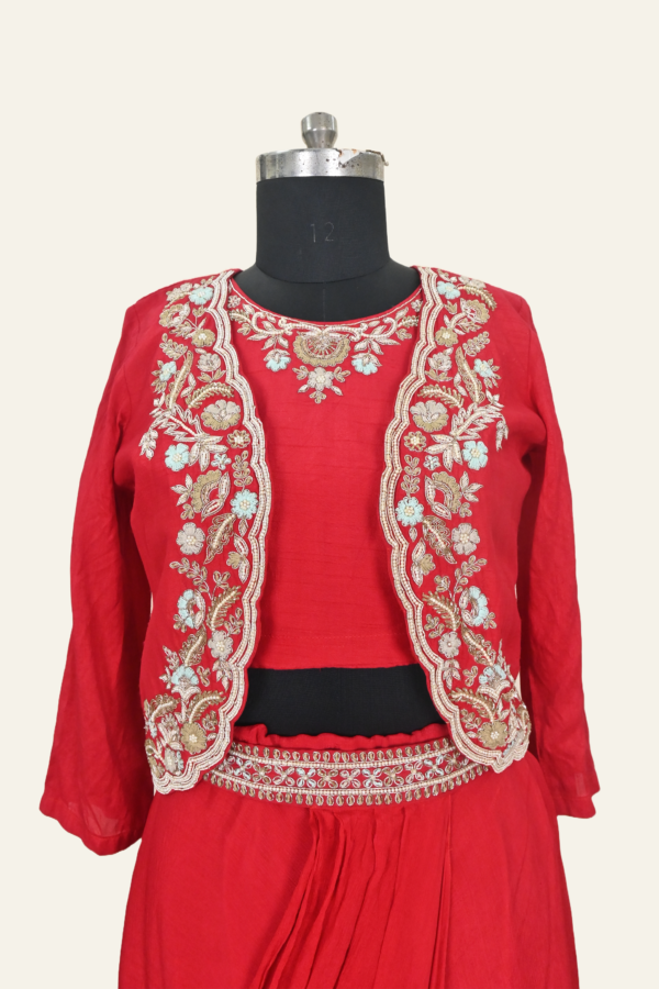 Ruby Red Toned Silk Saree With Crop Blouse And Designer Jacket | Inaya Lifestyle | Jacket close