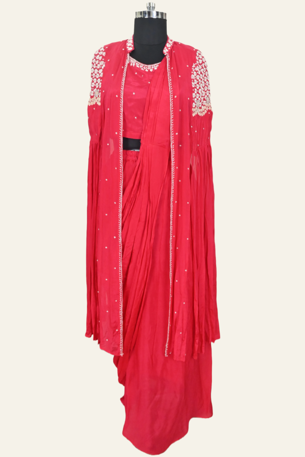 Ruby Red Silk Drape Saree With Crop Blouse And Cape Jacket | Inaya Lifestyle | full dress view