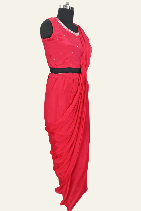 Ruby Red Silk Drape Saree With Crop Blouse And Cape Jacket | Inaya Lifestyle | Side view