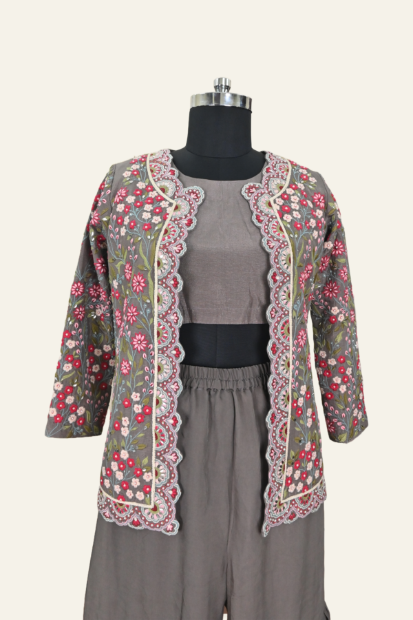 Floral Hand Embroidered Ensemble by Inaya Lifestyle | Earthy Charcoal