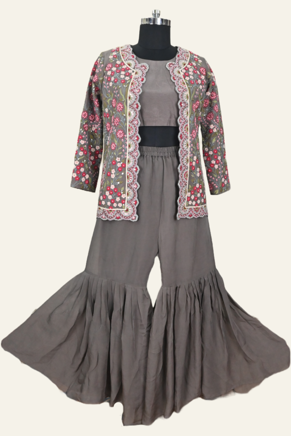 Floral Hand Embroidered Ensemble by Inaya Lifestyle | Earthy Charcoal