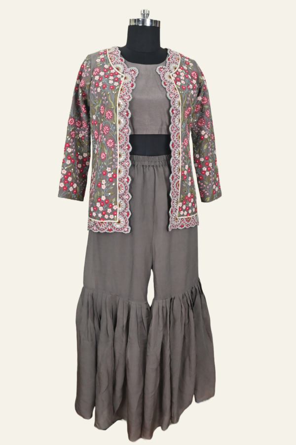 Floral Hand Embroidered Ensemble by Inaya Lifestyle | Earthy Charcoal