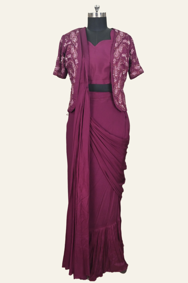 Royal Maroon Dual Toned Silk Saree With Crop Blouse And Designer Jacket | Inaya Lifestyle