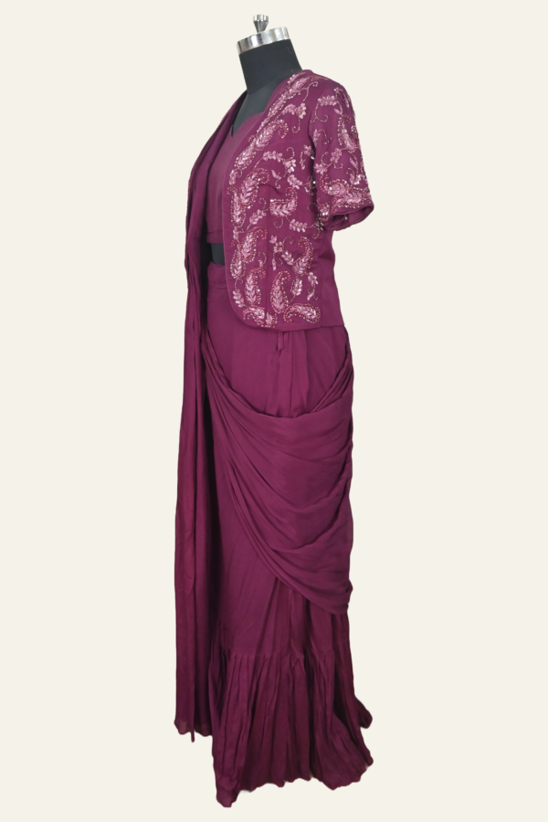 Royal Maroon Dual Toned Silk Saree With Crop Blouse And Designer Jacket | Inaya Lifestyle | side view