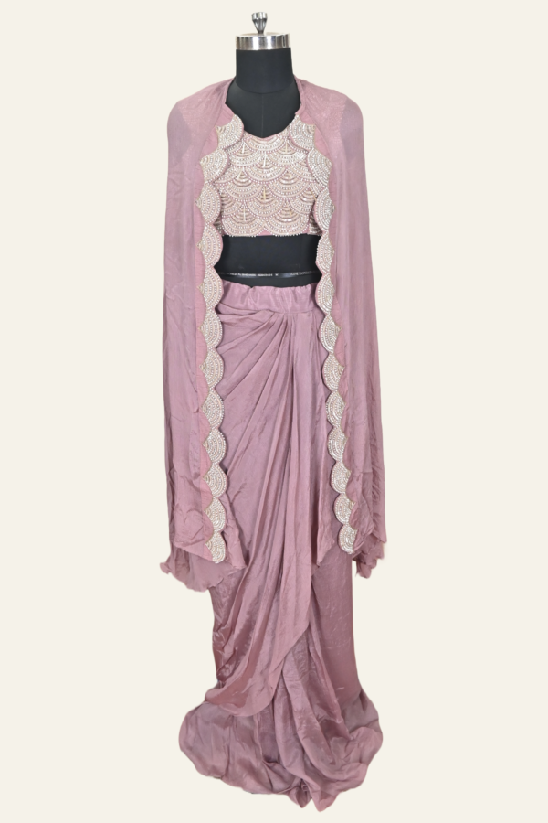 Nude Draped Dhoti Set with Embroidered Cape | Inaya Lifestyle