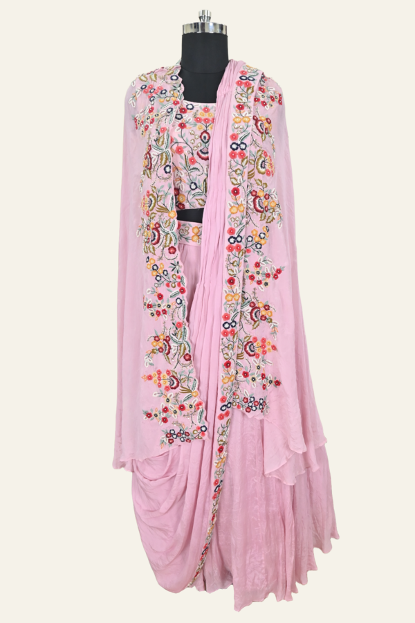 Luxury Pink Dual Toned Silk Saree With Crop Blouse And Cape Jacket | Inaya Lifestyle