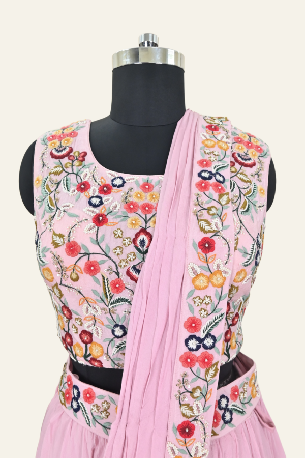 Luxury Pink Dual Toned Silk Saree With Crop Blouse And Cape Jacket | Inaya Lifestyle