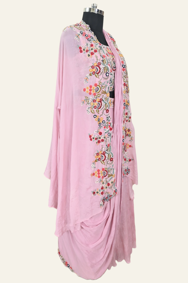 Luxury Pink Dual Toned Silk Saree With Crop Blouse And Cape Jacket | Inaya Lifestyle