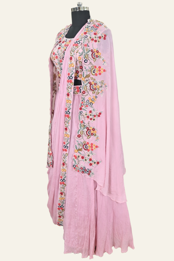 Luxury Pink Dual Toned Silk Saree With Crop Blouse And Cape Jacket | Inaya Lifestyle