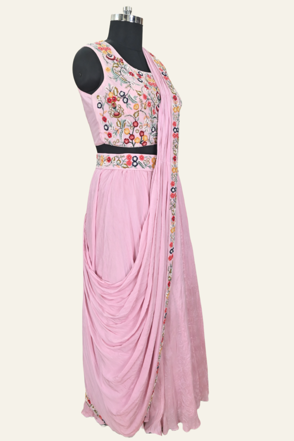 Luxury Pink Dual Toned Silk Saree With Crop Blouse And Cape Jacket | Inaya Lifestyle