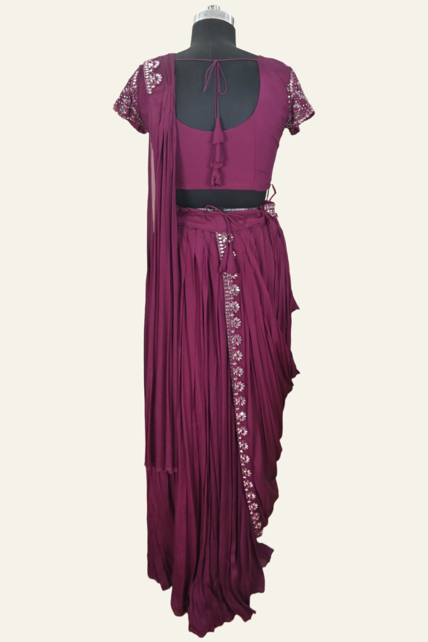 Handmade Drape Skirt Set with Crop Top, Mirror Work, Belt, and Chunni | Maroon | Inaya Lifestyle | Back full