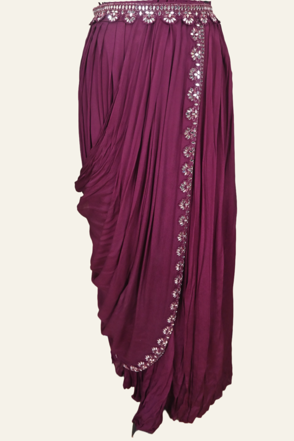 Handmade Drape Skirt Set with Crop Top, Mirror Work, Belt, and Chunni | Maroon | Inaya Lifestyle | bottom close