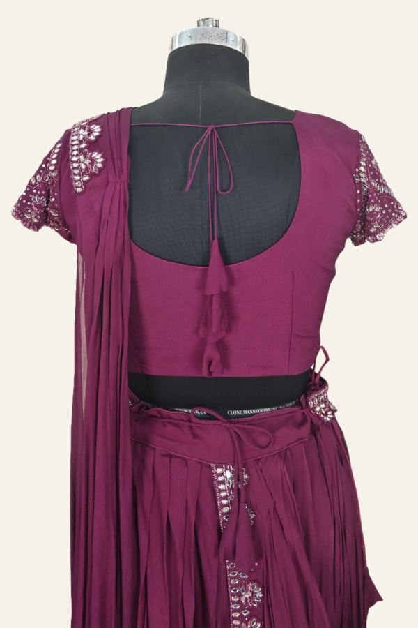 Handmade Drape Skirt Set with Crop Top, Mirror Work, Belt, and Chunni | Maroon | Inaya Lifestyle | Back Close