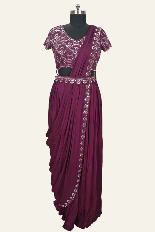 Drape Saree with crop top blouse, belt and Chunni | Mirror work | Royal maroon | Inaya Lifestyle