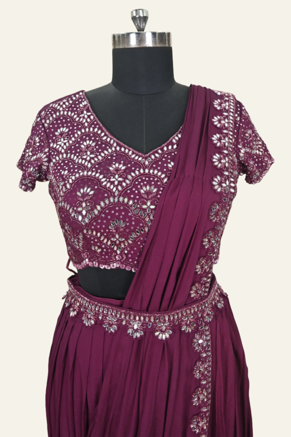 Handmade Drape Skirt Set with Crop Top, Mirror Work, Belt, and Chunni | Maroon | Inaya Lifestyle | front close