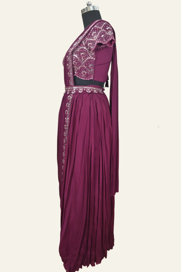 Handmade Drape Skirt Set with Crop Top, Mirror Work, Belt, and Chunni | Maroon | Inaya Lifestyle | side view