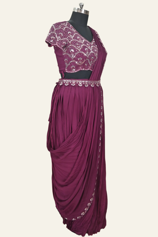 Handmade Drape Skirt Set with Crop Top, Mirror Work, Belt, and Chunni | Maroon | Inaya Lifestyle | side view